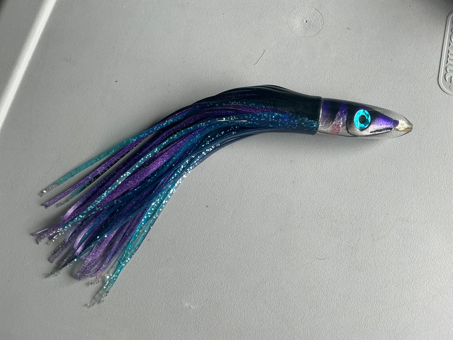 Tsutomu Lures Purple-Black Stripes Fish Head Poke Invert 6" 2.2oz  Skirted Black/Blue/Purple EZ-K