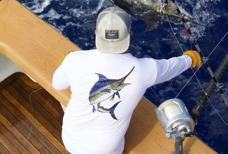 GZ Tackle Co. Carol Lynne “Tribal Marlin” AquaTek LS Performance Shirt White