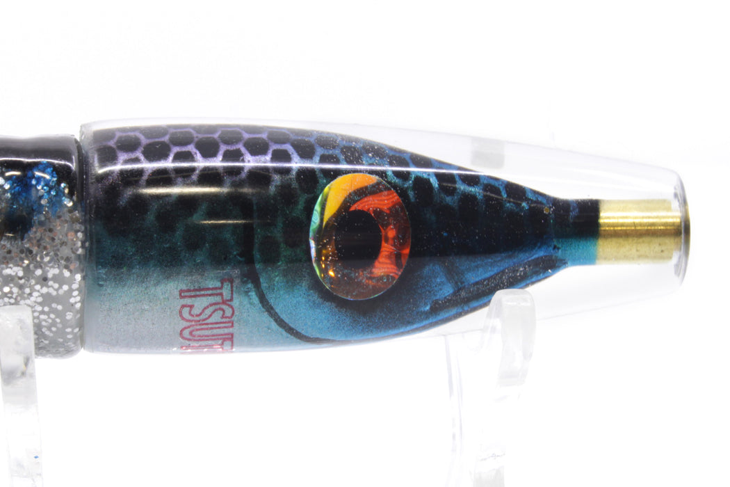 Tsutomu Lures "Blue Steel" Fish Head Poke Invert 6" 3.2oz Skirted Black Dots-Silver