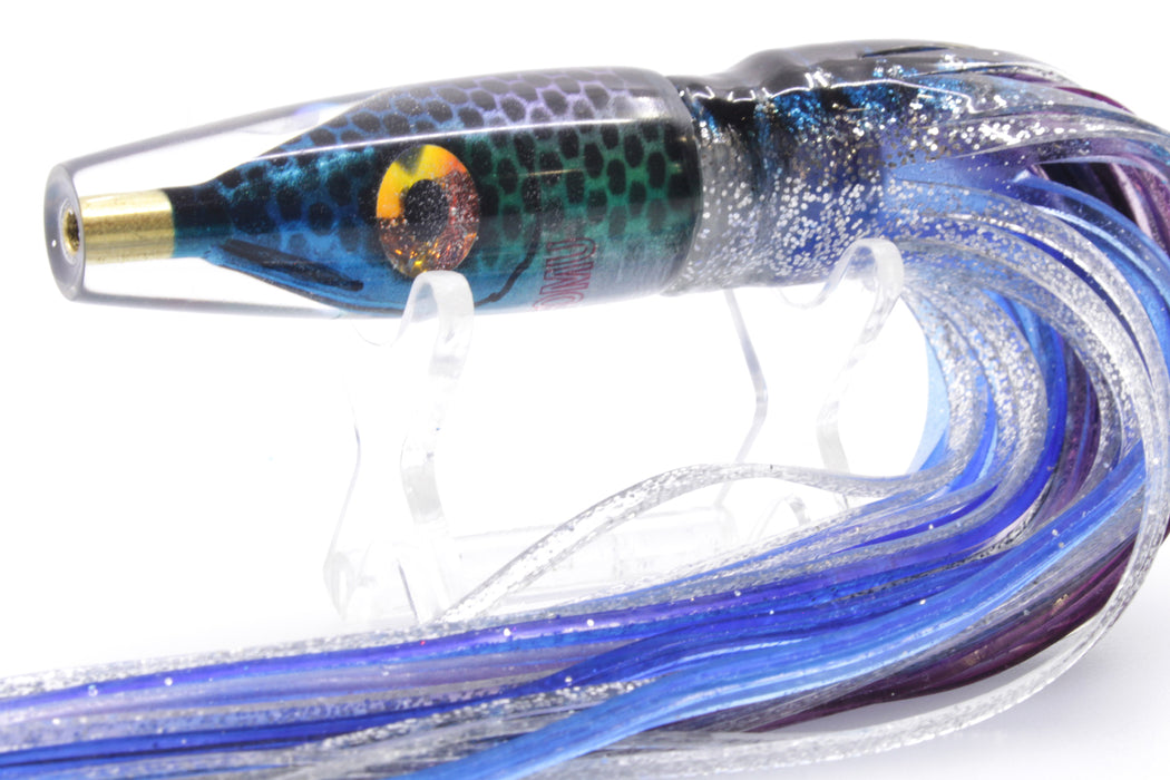 Tsutomu Lures "Blue Steel" Fish Head Poke Invert 6" 3.2oz Skirted Black Dots-Silver