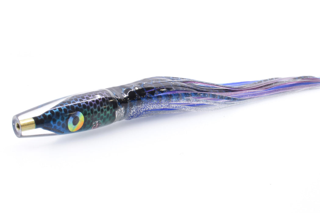 Tsutomu Lures "Blue Steel" Fish Head Poke Invert 6" 3.2oz Skirted Black Dots-Silver