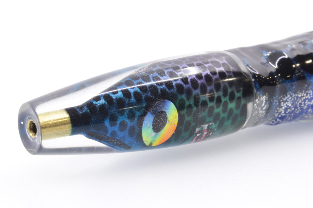 Tsutomu Lures "Blue Steel" Fish Head Poke Invert 6" 3.2oz Skirted Black Dots-Silver