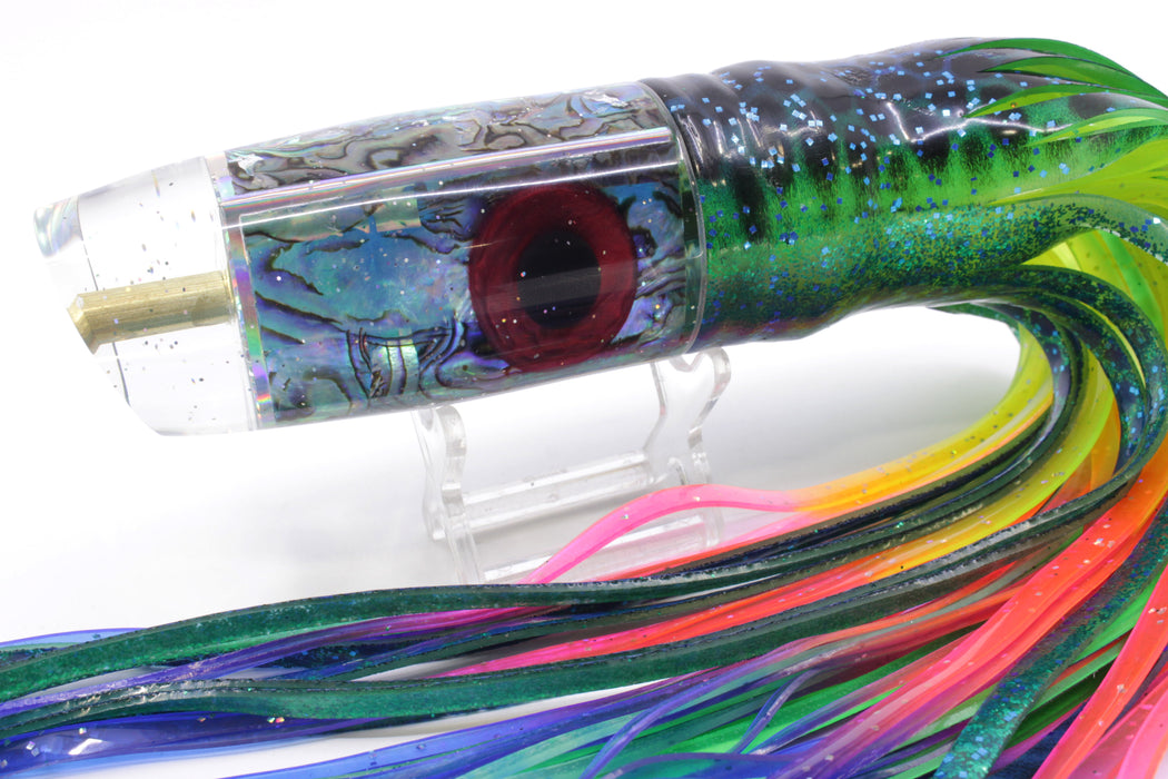 Tanigawa Lures Ice Blue Paua Shell Large Plunger 14" 10oz Skirted Black Dots-Blue Dots