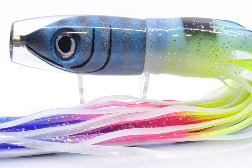 Tsutomu Lures "Jail Bird" Fish Head Ante Invert 12" 9.7oz Skirted Blue-Black Bars