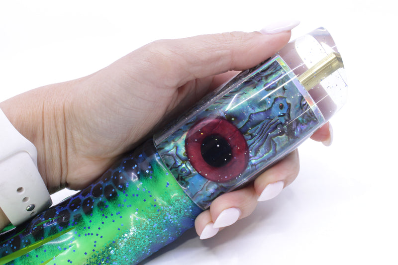 Tanigawa Lures Ice Blue Paua Shell Large Plunger 14" 10oz Skirted Black Dots-Blue Dots