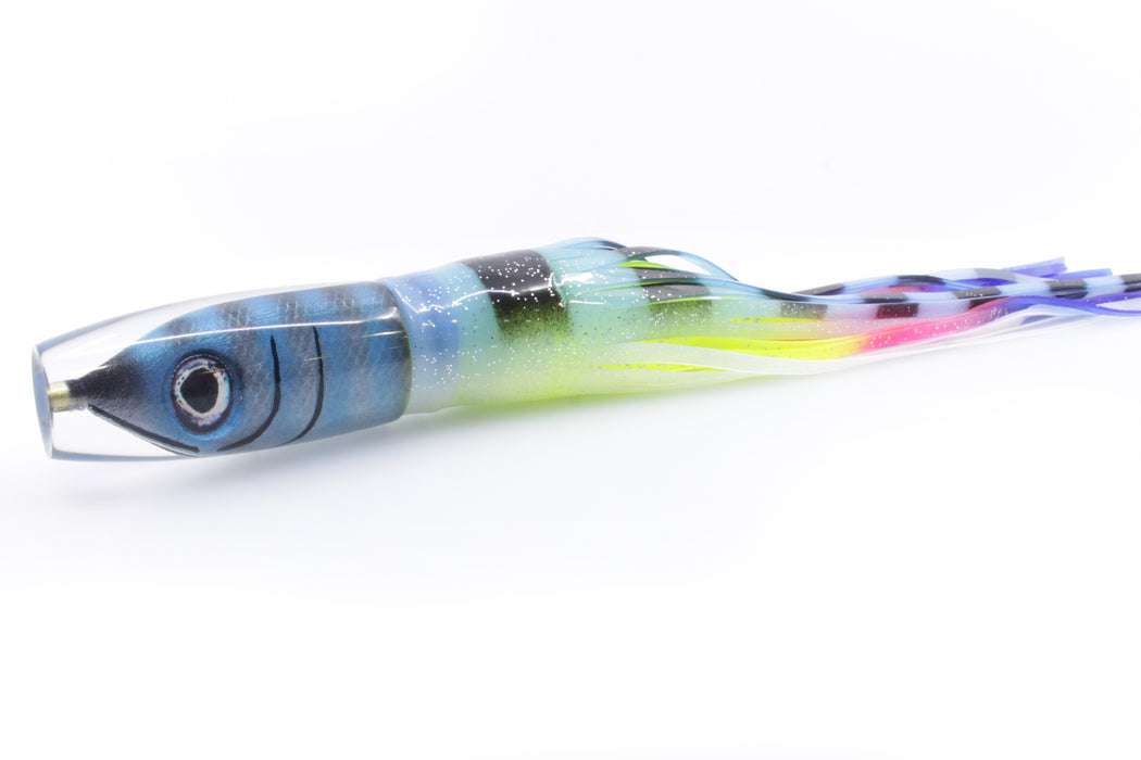 Tsutomu Lures "Jail Bird" Fish Head Ante Invert 12" 9.7oz Skirted Blue-Black Bars