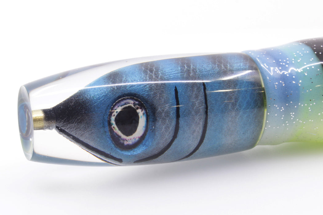 Tsutomu Lures "Jail Bird" Fish Head Ante Invert 12" 9.7oz Skirted Blue-Black Bars