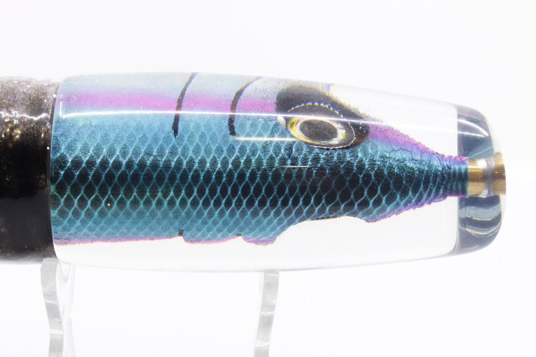 Tsutomu Lures Black-Blue-Lavender Fish Head Ante Plunger 12" 9.7oz Skirted Black Dots