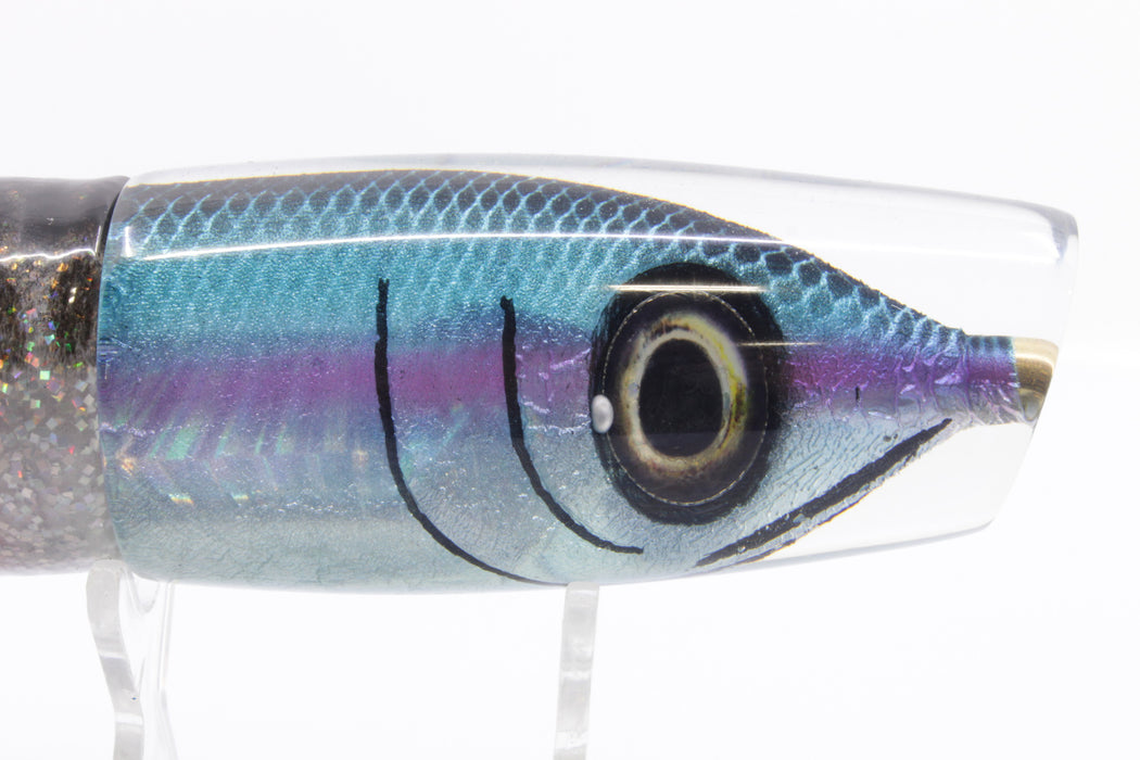 Tsutomu Lures Black-Blue-Lavender Fish Head Ante Plunger 12" 9.7oz Skirted Black Dots