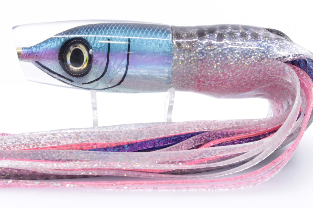 Tsutomu Lures Black-Blue-Lavender Fish Head Ante Plunger 12" 9.7oz Skirted Black Dots