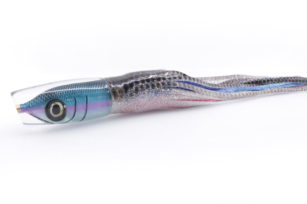 Tsutomu Lures Black-Blue-Lavender Fish Head Ante Plunger 12" 9.7oz Skirted Black Dots