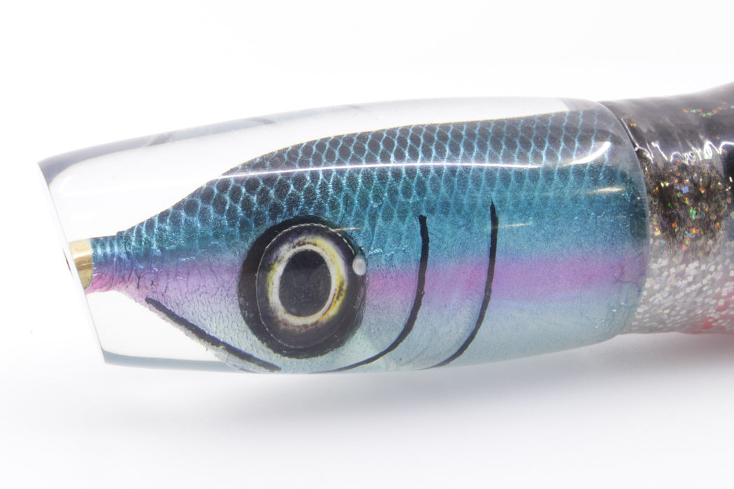 Tsutomu Lures Black-Blue-Lavender Fish Head Ante Plunger 12" 9.7oz Skirted Black Dots