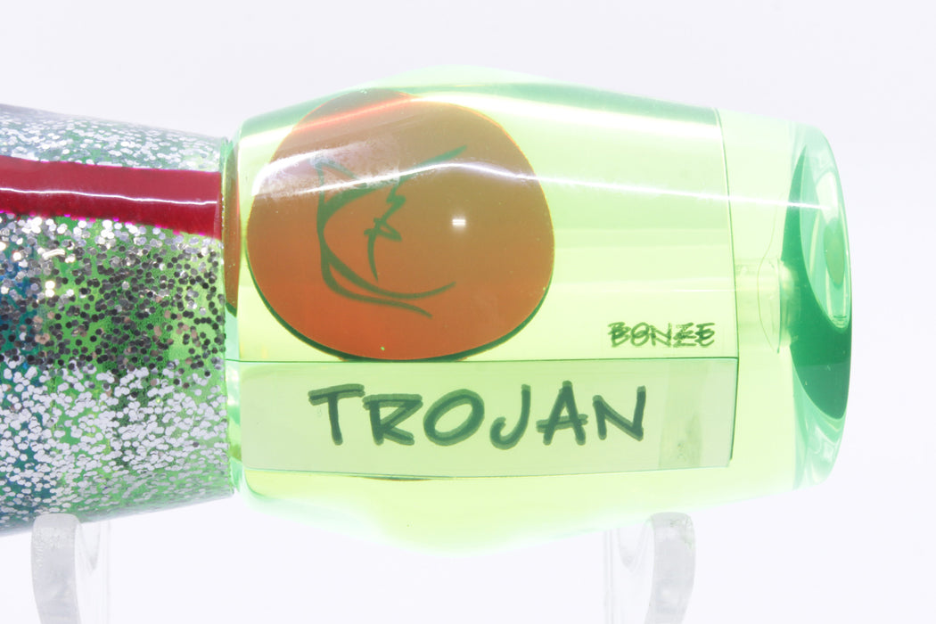 Bonze Lures Chartreuse Mirrored Red Eyes Trojan 10" 5.5oz Silver-Black Stripes/Blue