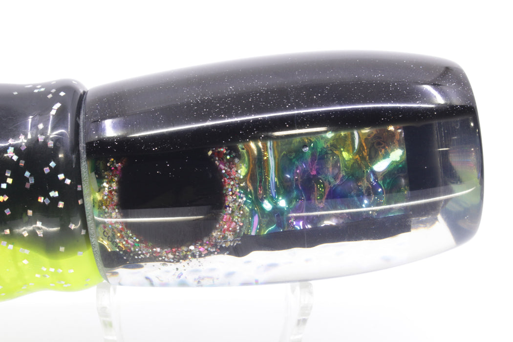 Coggin Lures Green Rainbow Dichro Black Back 4-Hole Maui Plunger Invert 14" 11.5oz Skirted