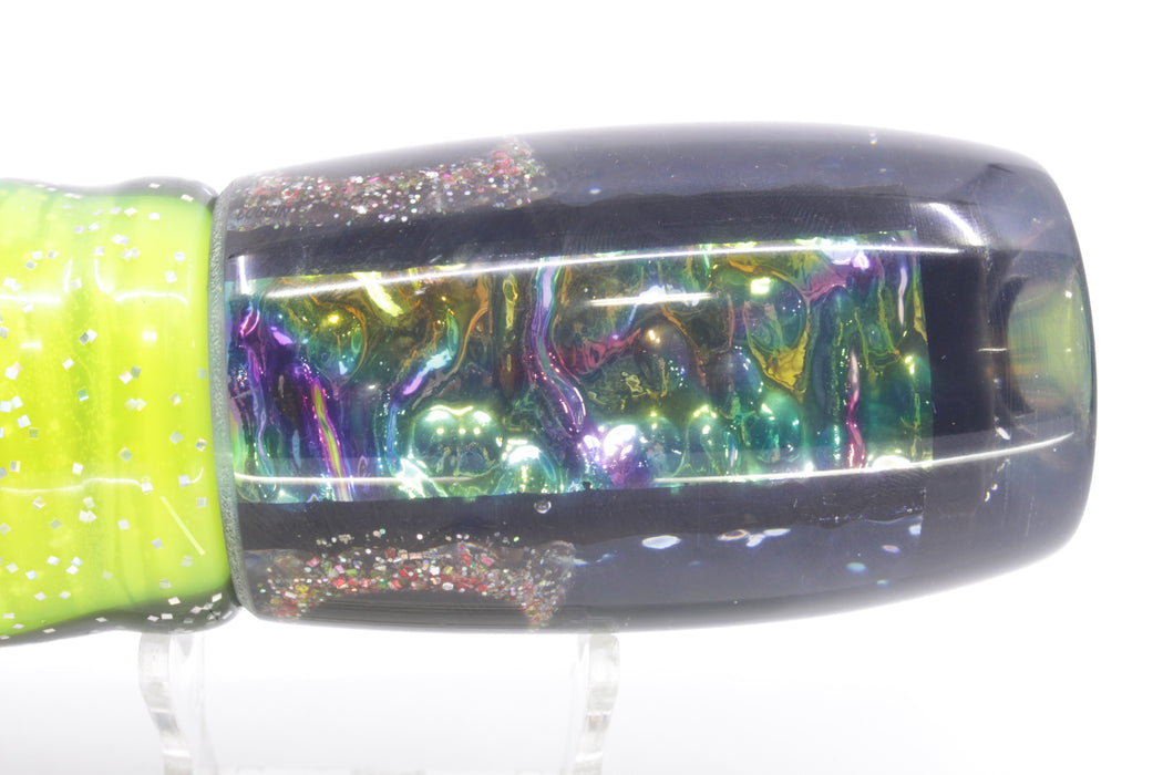 Coggin Lures Green Rainbow Dichro Black Back 4-Hole Maui Plunger Invert 14" 11.5oz Skirted