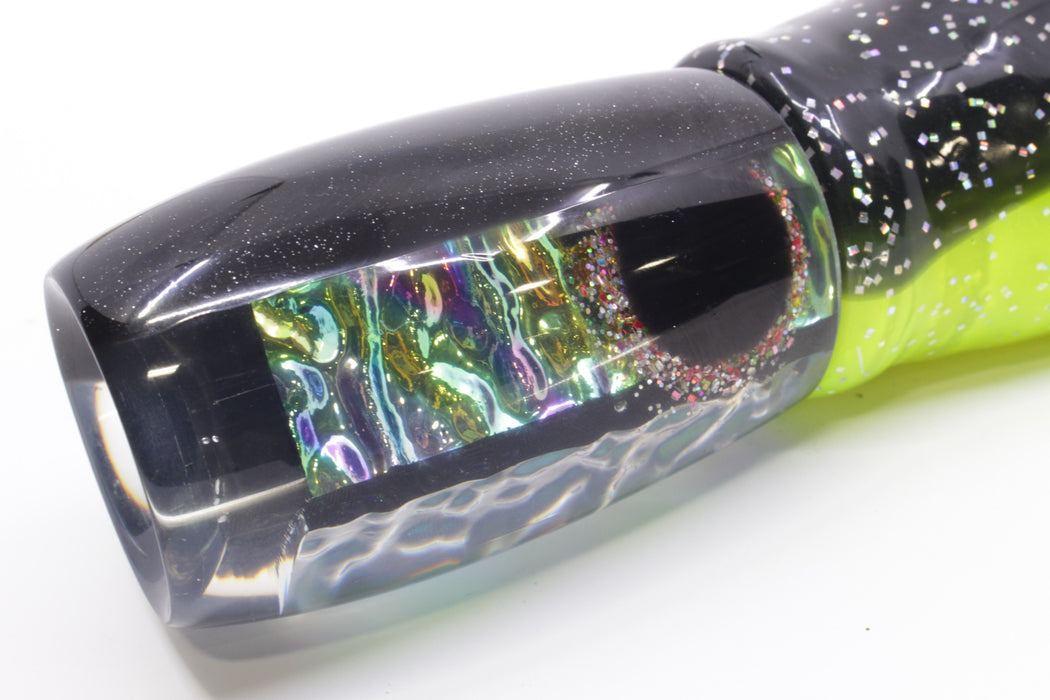 Coggin Lures Green Rainbow Dichro Black Back 4-Hole Maui Plunger Invert 14" 11.5oz Skirted