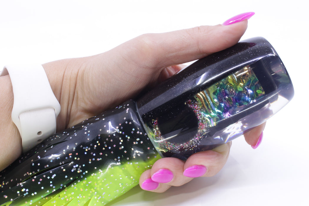 Coggin Lures Green Rainbow Dichro Black Back 4-Hole Maui Plunger Invert 14" 11.5oz Skirted