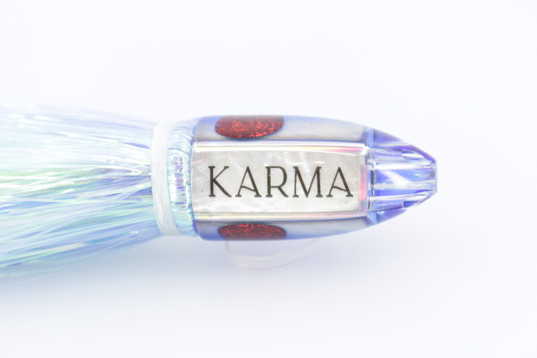Koya Lures White MOP Blue Back Karma 4-Hole Bullet 4.5" 1.5oz Flashabou Ice Blue- chartreuse