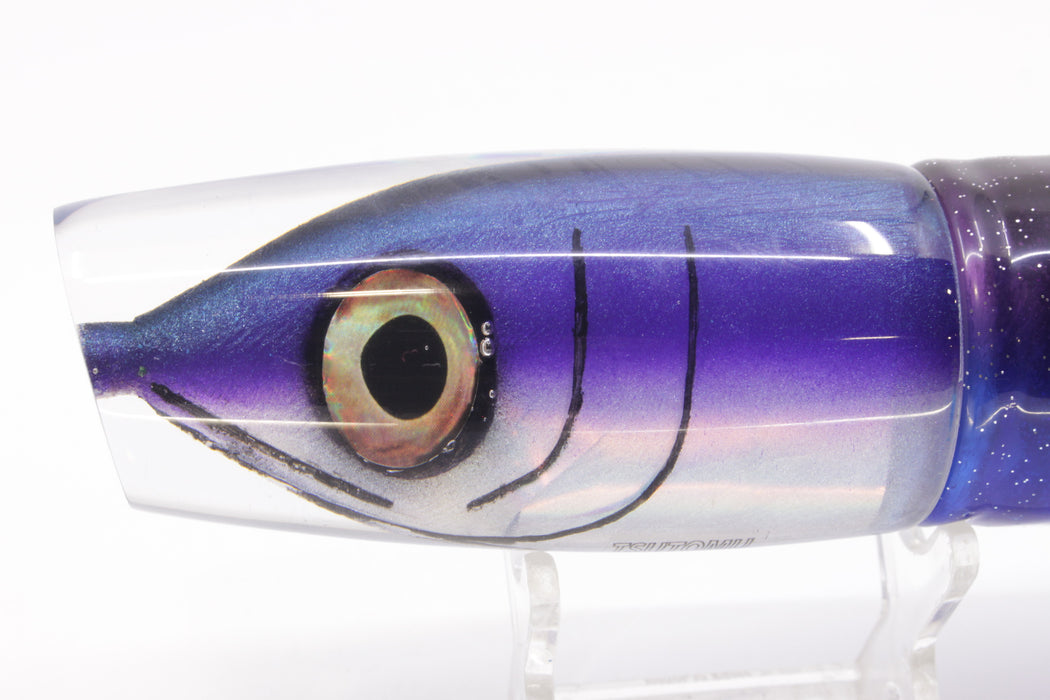 Tsutomu Lures Black-Blue-Purple Fish Head Ante Plunger 12" 9.7oz Skirted Purple-Blue