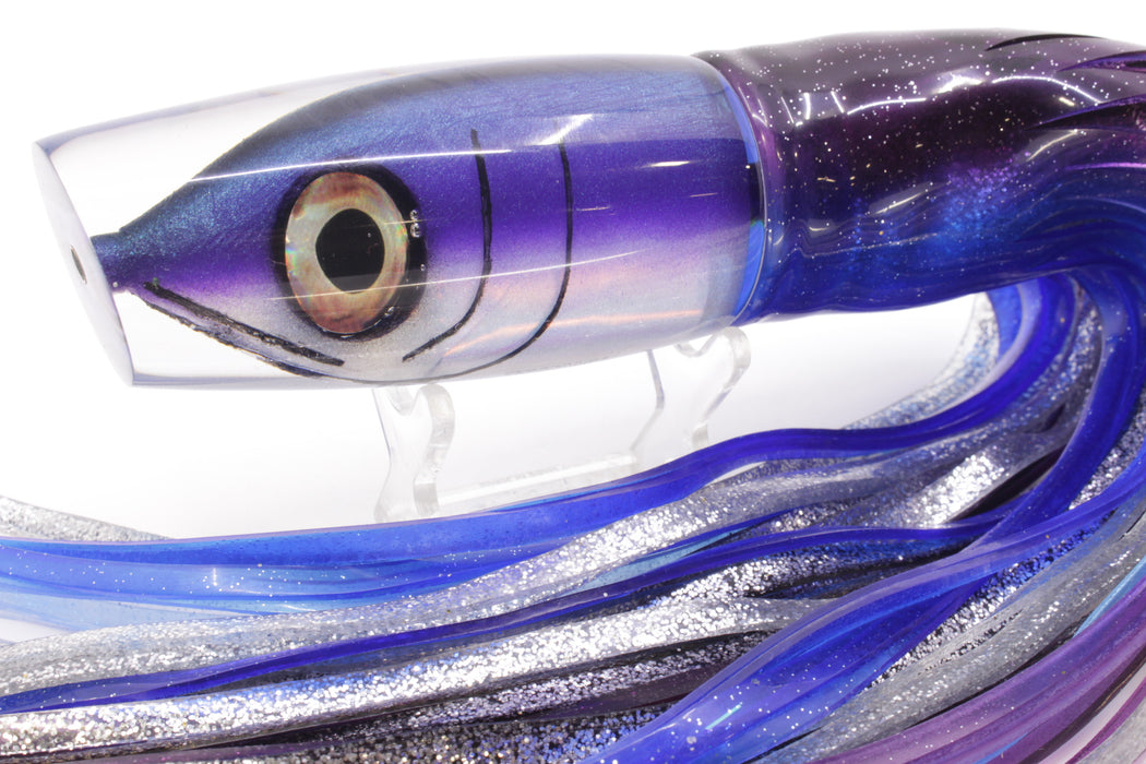 Tsutomu Lures Black-Blue-Purple Fish Head Ante Plunger 12" 9.7oz Skirted Purple-Blue