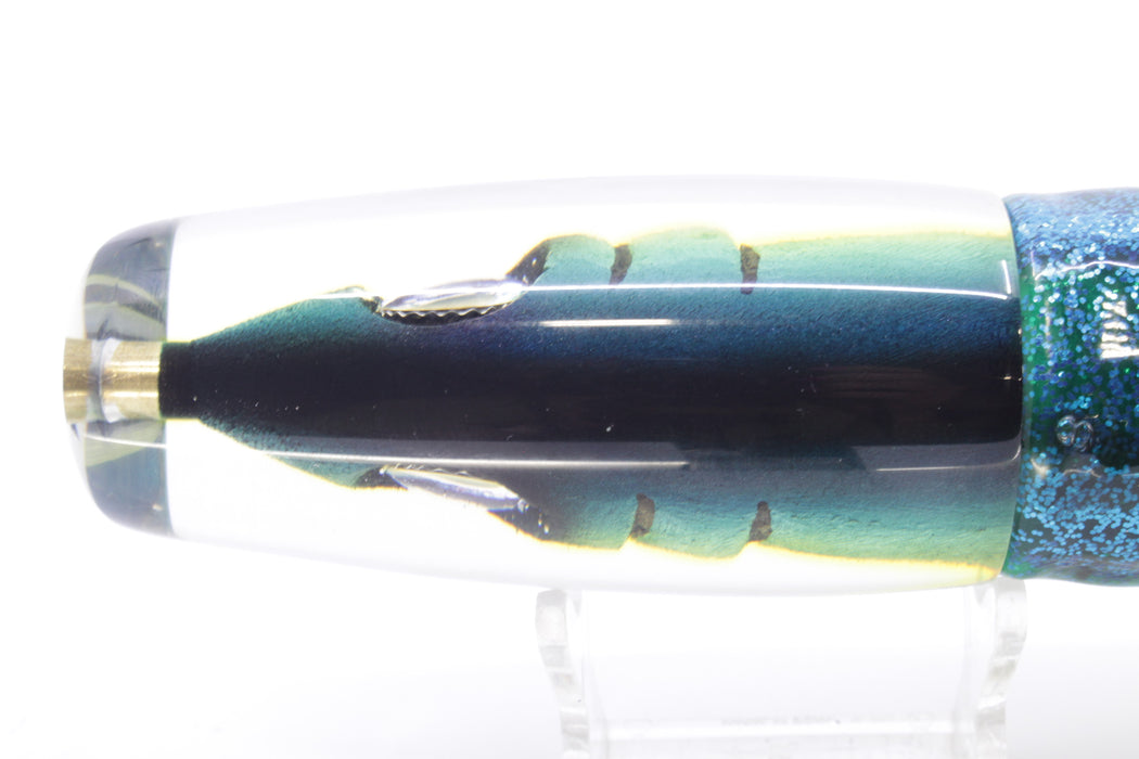 Tsutomu Lures Black-Green-Yellow Fish Head Ante Plunger 12" 9.7oz Skirted Blue-Yellow