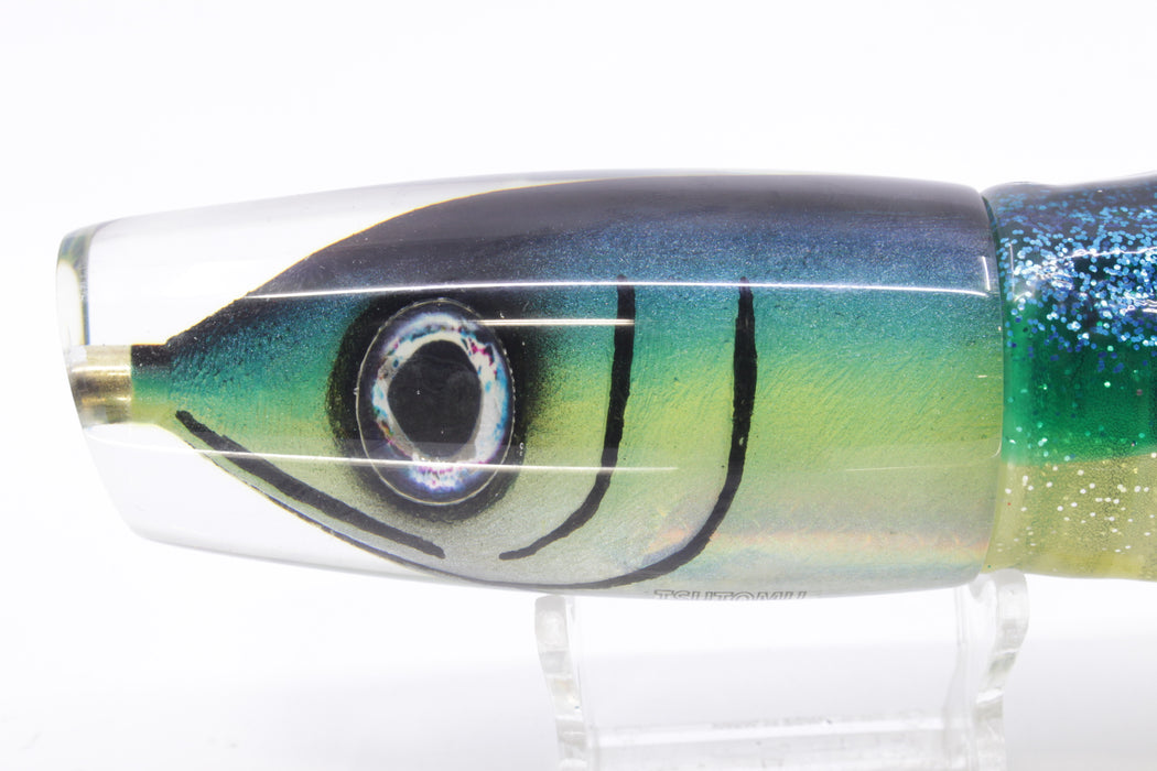 Tsutomu Lures Black-Green-Yellow Fish Head Ante Plunger 12" 9.7oz Skirted Blue-Yellow