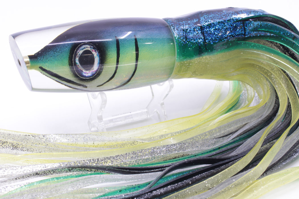 Tsutomu Lures Black-Green-Yellow Fish Head Ante Plunger 12" 9.7oz Skirted Blue-Yellow