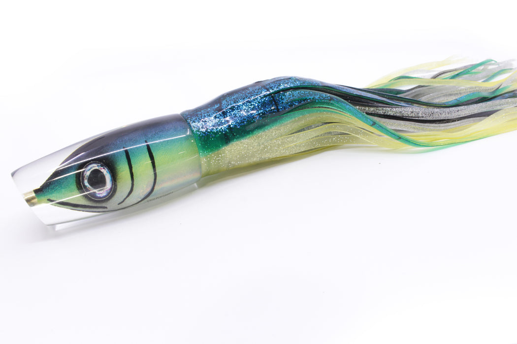 Tsutomu Lures Black-Green-Yellow Fish Head Ante Plunger 12" 9.7oz Skirted Blue-Yellow
