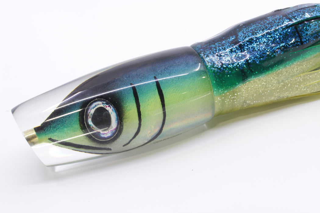 Tsutomu Lures Black-Green-Yellow Fish Head Ante Plunger 12" 9.7oz Skirted Blue-Yellow
