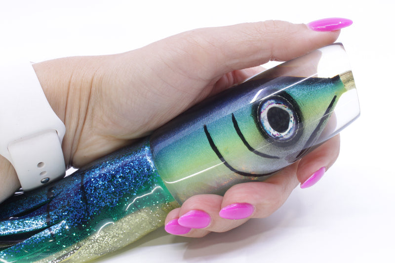 Tsutomu Lures Black-Green-Yellow Fish Head Ante Plunger 12" 9.7oz Skirted Blue-Yellow