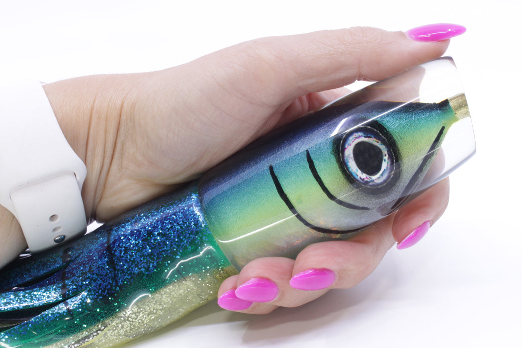 fish head lures Tsutomu Lures Black-Green-Yellow Fish Head Ante Plunger 12" 9.7oz Skirted Blue-Yellow