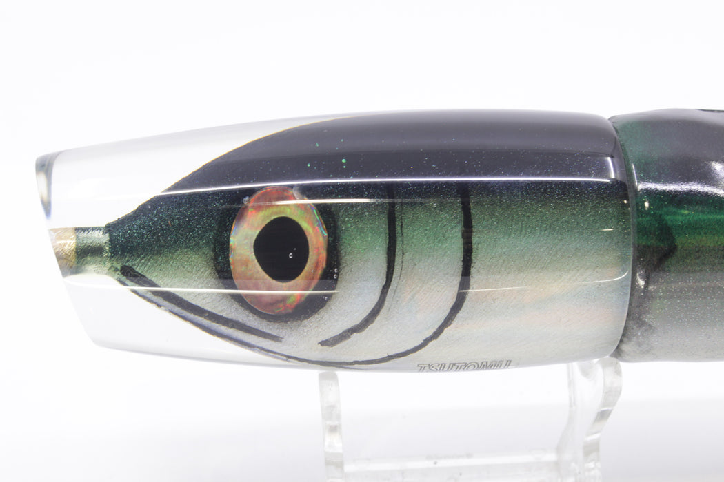Tsutomu Lures Black-Green Fish Head Ante Plunger 12" 7.5oz Fire Tailz Vinyl Green Drip