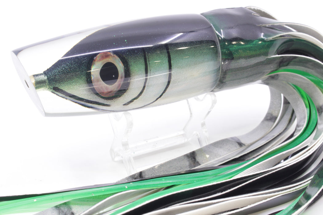 fish fire lures Tsutomu Lures Black-Green Fish Head Ante Plunger 12" 7.5oz Fire Tailz Vinyl Green Drip