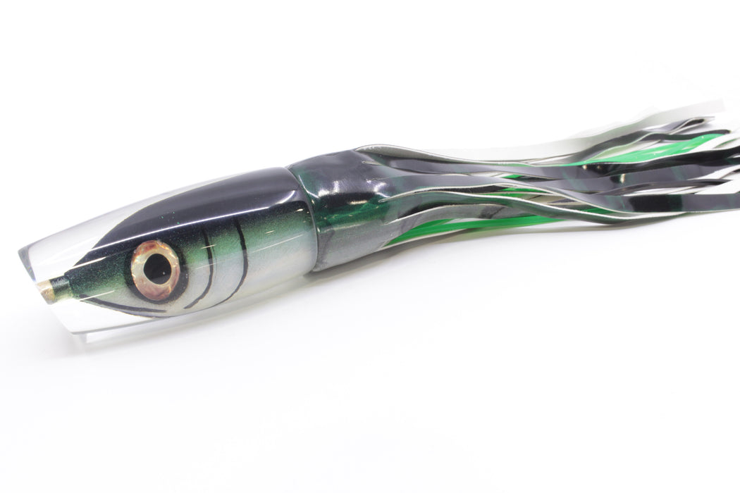 Tsutomu Lures Black-Green Fish Head Ante Plunger 12" 7.5oz Fire Tailz Vinyl Green Drip
