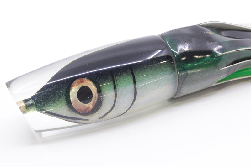 Tsutomu Lures Black-Green Fish Head Ante Plunger 12" 7.5oz Fire Tailz Vinyl Green Drip