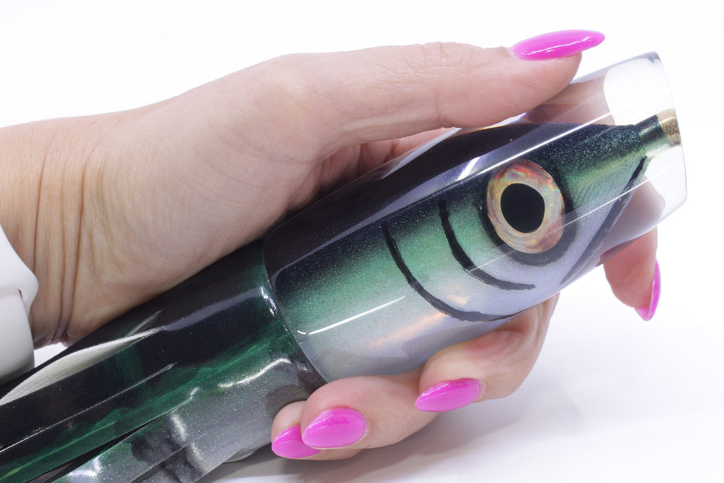 Tsutomu Lures Black-Green Fish Head Ante Plunger 12" 7.5oz Fire Tailz Vinyl Green Drip