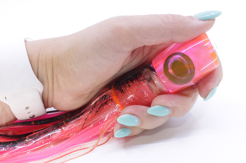 Moyes Lures Fluorescent Pink MOP Small J-Boy 9" 5oz Skirted Root Beer-Petrolero/Pink GZE
