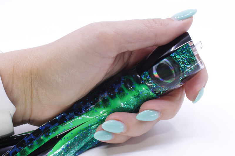 Moyes Lures Blue-Green Oil Slick Black Back Small J-Boy 9" 5oz Skirted Black Dots-Blue Dots GZE
