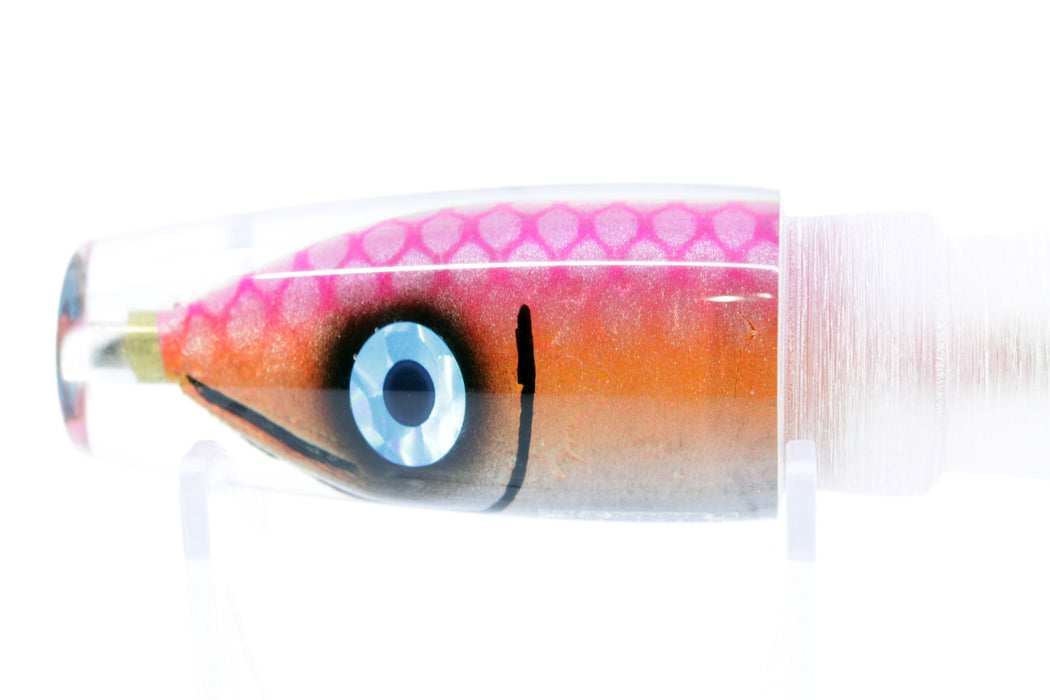 Tsutomu Lures "Da Amaebi" White Dots-Pink-Orange Fish Head Ali'i Invert 7" 4.3oz