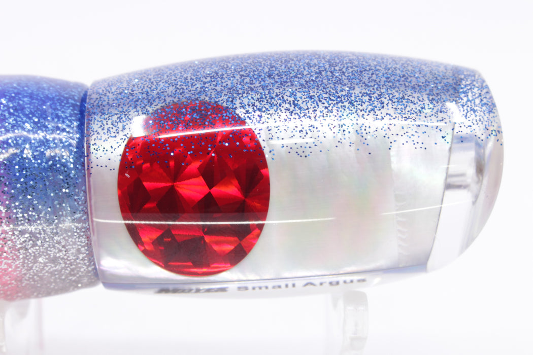 Moyes Lures White MOP Blue Glitter Back Small Argus 9" 3.5oz Skirted Blue-Silver/Pink