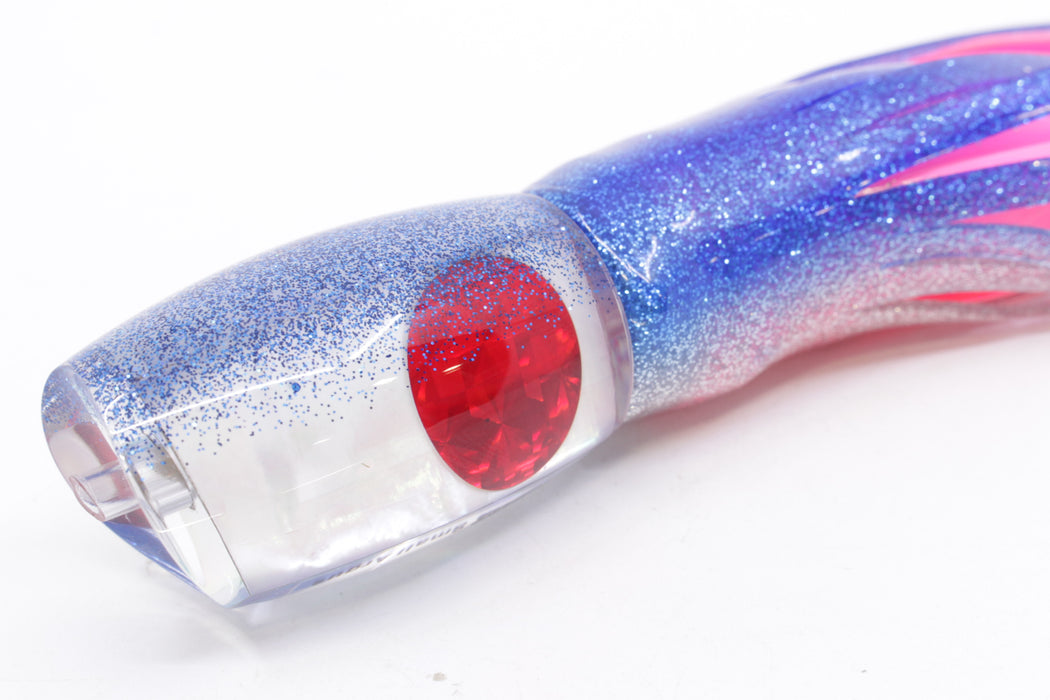 Moyes Lures White MOP Blue Glitter Back Small Argus 9" 3.5oz Skirted Blue-Silver/Pink