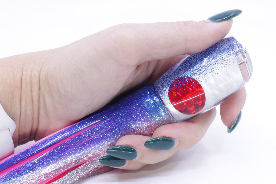 Moyes Lures White MOP Blue Glitter Back Small Argus 9" 3.5oz Skirted Blue-Silver/Pink