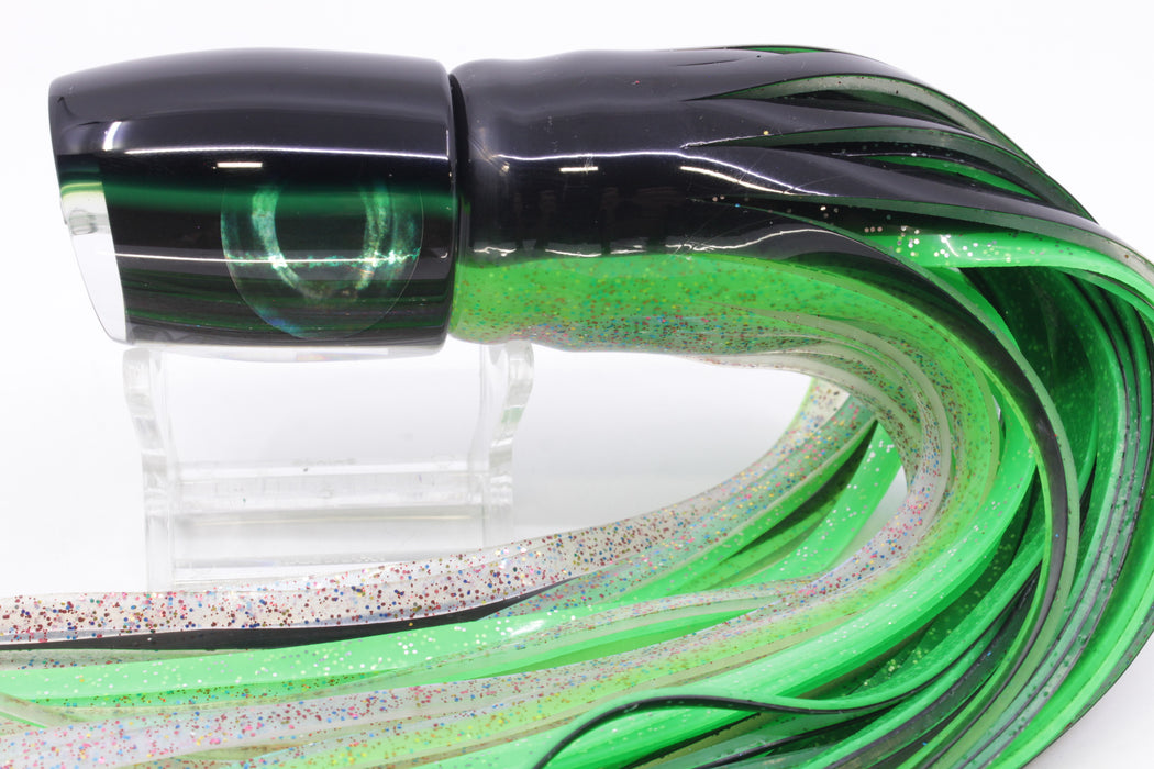 Moyes Lures Black Pearl Black-Green Back Taxi Eyes Medium J-Boy 12" 7oz Skirted
