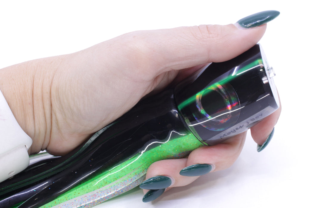 Moyes Lures Black Pearl Black-Green Back Taxi Eyes Medium J-Boy 12" 7oz Skirted