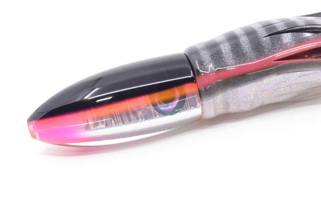 Moyes Lures Silver Aurora Black-Pink Back Keeled Medium Ono Bullet 9" 8.7oz Skirted