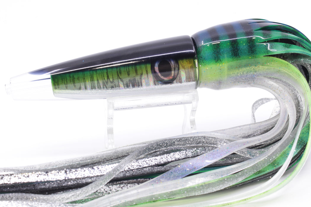 Moyes Lures Green-Silver Aurora Black Back Ono Rocket 9" 8oz Skirted Blue-Black Stripes