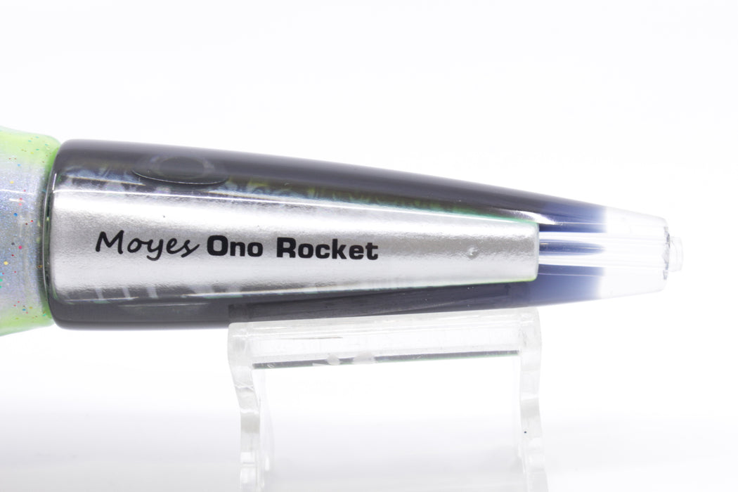 Moyes Lures Green-Silver Aurora Black Back Ono Rocket 9" 8oz Skirted Blue-Black Stripes