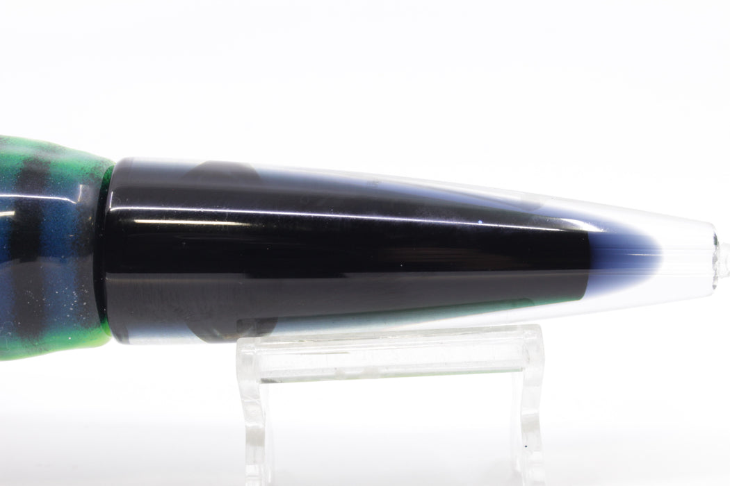 Moyes Lures Green-Silver Aurora Black Back Ono Rocket 9" 8oz Skirted Blue-Black Stripes