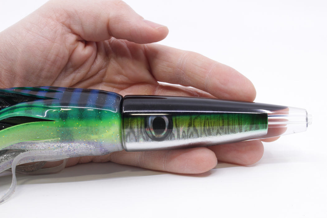 Moyes Lures Green-Silver Aurora Black Back Ono Rocket 9" 8oz Skirted Blue-Black Stripes
