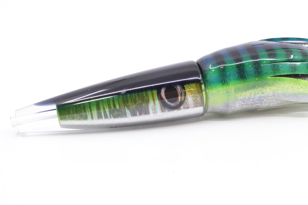 Moyes Lures Green-Silver Aurora Black Back Ono Rocket 9" 8oz Skirted Blue-Black Stripes